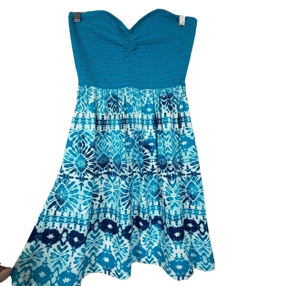 SO Heritage Womens Strapless Smocked Dress XXS Teal Blue Medallion Print Boho